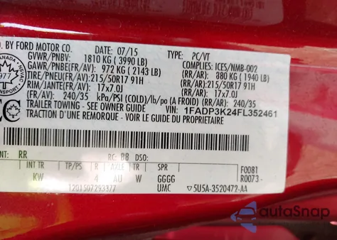 2015 Ford Focus Se from USA, damaged, VIN 1FADP3K24FL352461